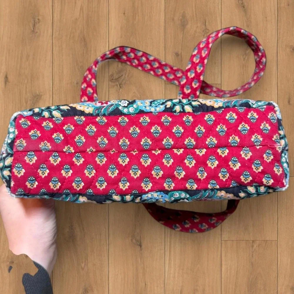 Vintage Quilted Cotton Shoulder Tote Bag Red Navy Paisley Floral Boho Y2K